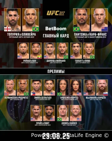 UFC 317 смотреть онлайн прямую трансляцию 29.06.2025 Топурия - Оливейра